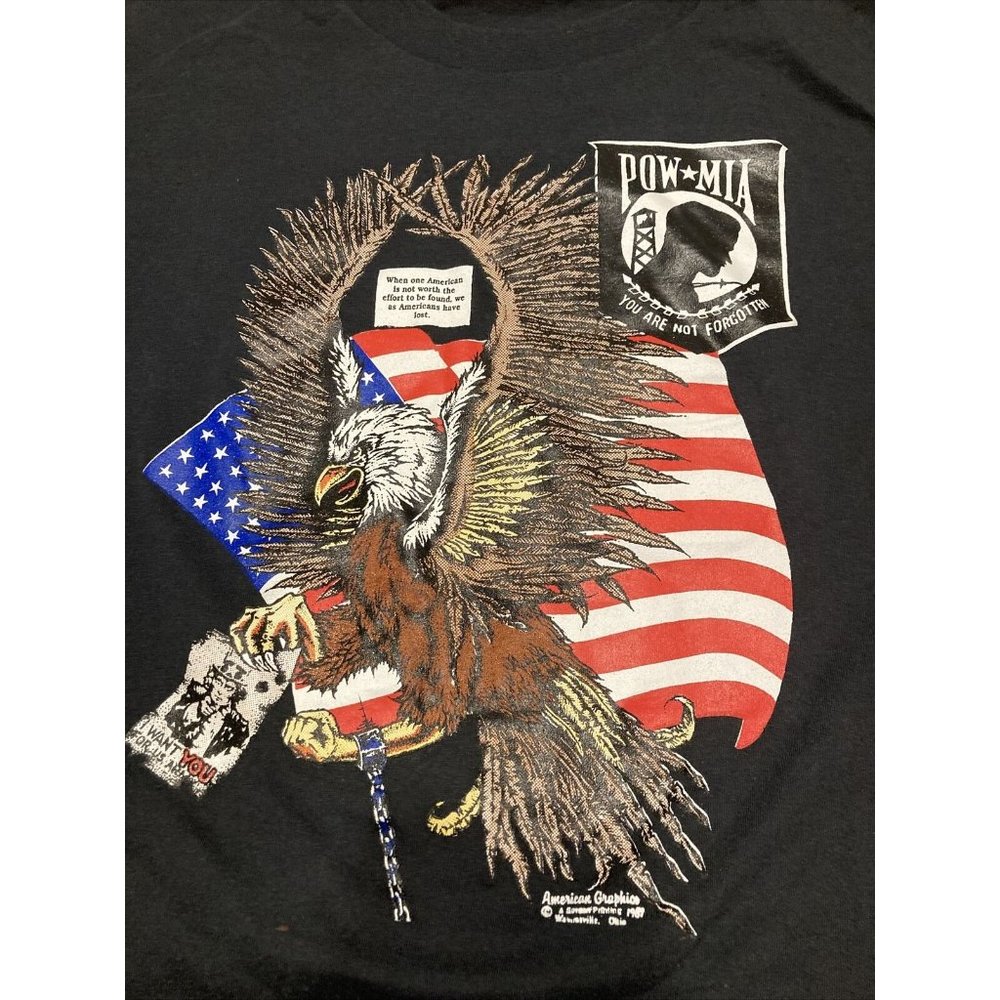 80s Vtg Black POW MIA t-Shirt Large Eagle Flag Marine Soft  Single Stitch Rare